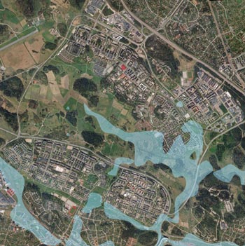 Akalla år 0 Flygfoto över Järvafältet med ritad vattenyta som låg 10 meter högre än idag.