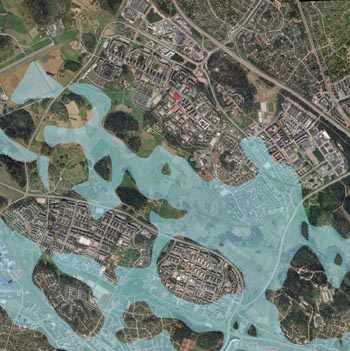 Akalla 500 fvt Flygfoto över Järvafältet med ritad vattenyta som låg 15 meter högre än idag.