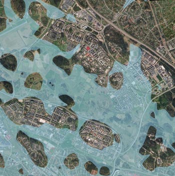 Akalla 800 fvt Flygfoto över Järvafältet med ritad vattenyta som låg 19 meter högre än idag.0