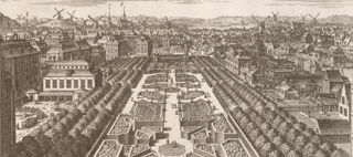 Tecknad bild som föreställer Kungsträdgården på 1700-talet.