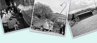 Dekorativt montage, tre svartvita foton på ljusblå bakgrund