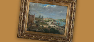 Dekorativ illustration: Målad vy över Slussen norrut