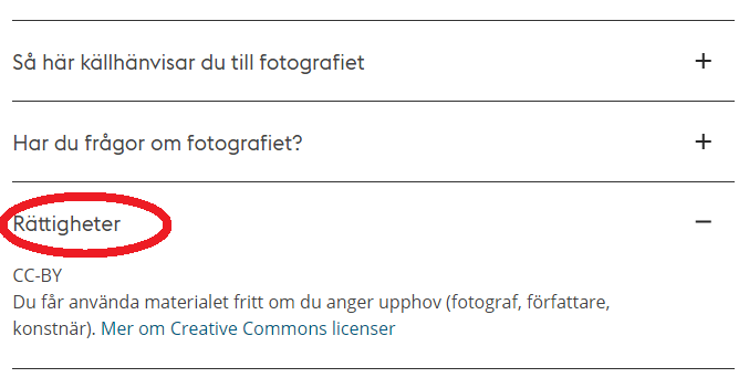 Bilden visar rubriken "rättigheter" på postsidan där källmaterialet visas