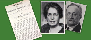 Dekorativt montage med två porträttfotografier och två skriftliga dokument