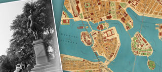 Dekorativ illustration: Karl xii som staty i  Kungsträdgården