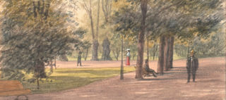 Tecknad bild föreställande människor i en park.