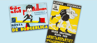 Dekorativ illustration: Två politiska valaffischer från 1930-talet