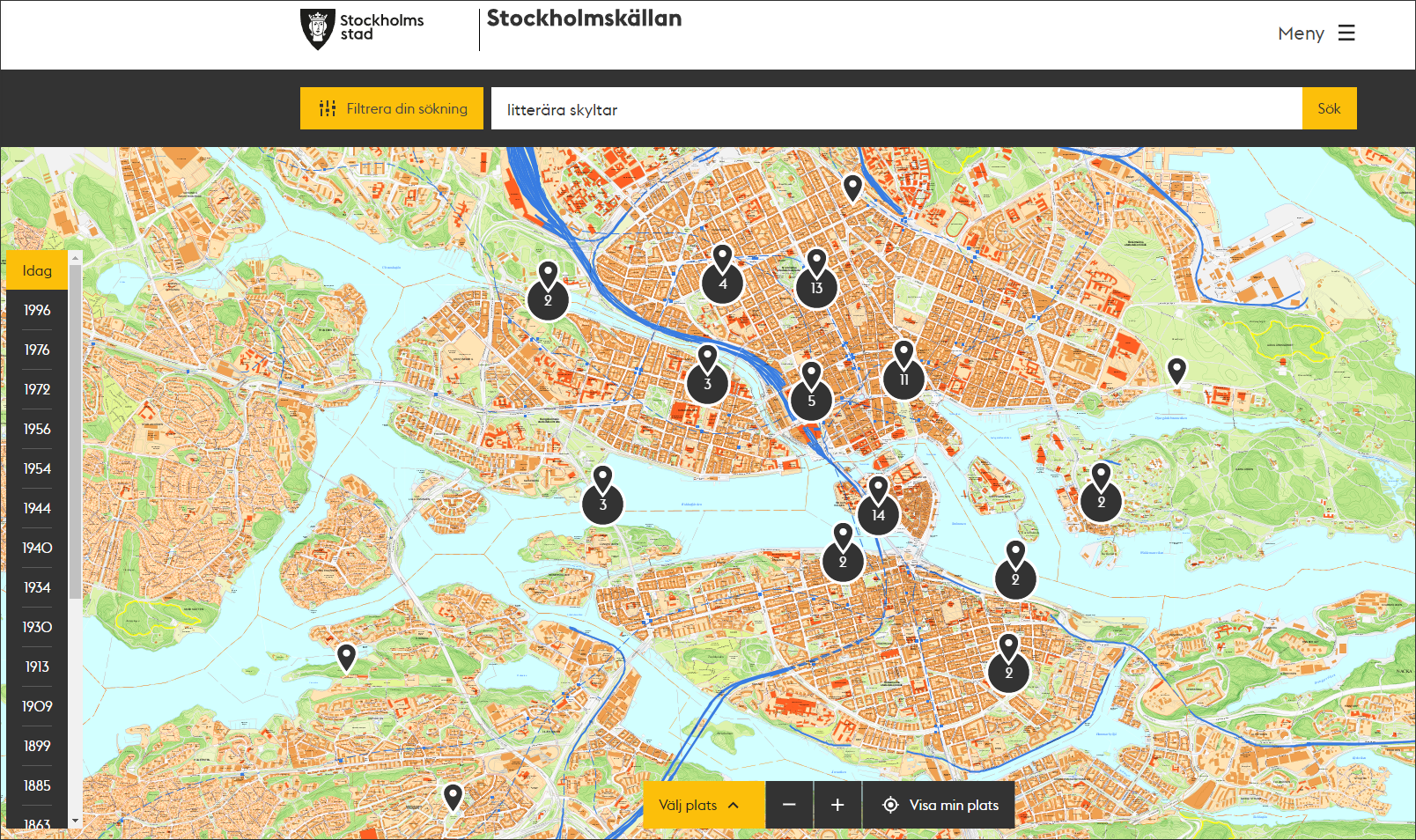 Karta med kartnålar som markerar var de litterära skyltarna sitter uppsatta.