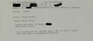 Maskinskriven text, ansökning för plats på flyktingbarnhemmet Stigbo