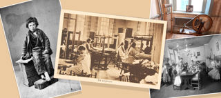 Illustrativt kollage med fyra fotografier mot rosa bakgrund