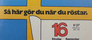 Svart och röd text mot blå-gul bakgrund