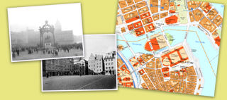 Collage som visar två svartvita fotografier från Stockholm och en karta över Gamla stan