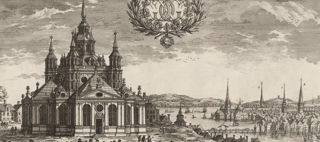 Teckning över Katarina kyrka med människor i förgrunden