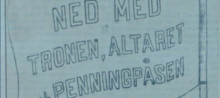 Tecknad bild av fana med slagorden Ned med tronen, altaret och penningpåset