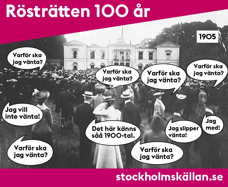 Folksamling framför Rosendals slott 1905 och ett rosa färgfält som täcker övre vänstra hörnet där det står "Rösträtten 100 år"