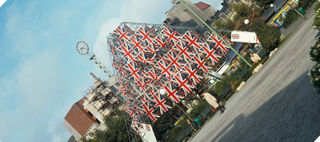A pyramide of British flags in Kungsträdgården