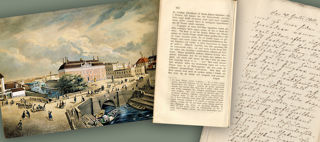 Dekorativt montage med målning och handskrivet dokument