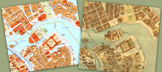 Bilden är ett collage som visar en nutida karta och en gammal karta från 1885h 