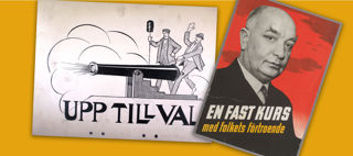 Dekorativt montage: Två valaffischer mot gul bakgrund