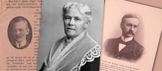 Kollage av  tidningsklipp och fotografier som föreställer Ann Margret Holmgren och Carl Lindhagen