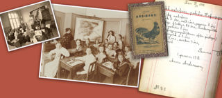 Dekorativt montage av svartvita klassfoton, en lärobok och ett handskrivet dokument mot gulgrön bakgrund.