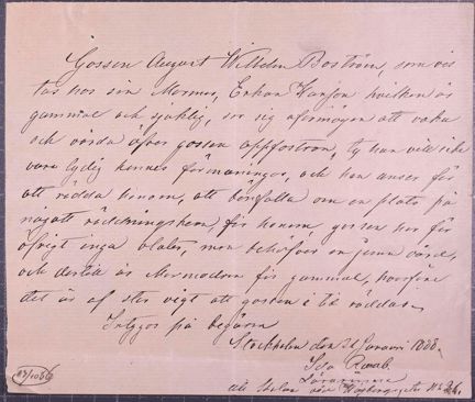 Handskrivet brev från lärarinna angående intagning av pojke på uppfostringsanstalt