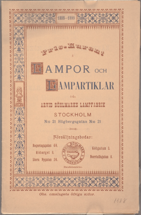 Priskurant från Arvid Böhlmarks Lampfabrik, 1888
