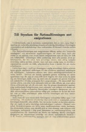 Första sidan av utredningen inför omorganisationen av föreningen Nationalföreningen mot emigrationen.