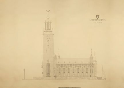 Ritning i tusch på gulnat papper som visar Stadshusets fasad mot öster, mot Klara Mälarstrand. 