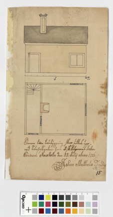 Bygglovsritning på papper i gult , rött och grått