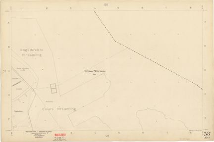 Kartan är ritad i tusch på papper som gulnat med tiden