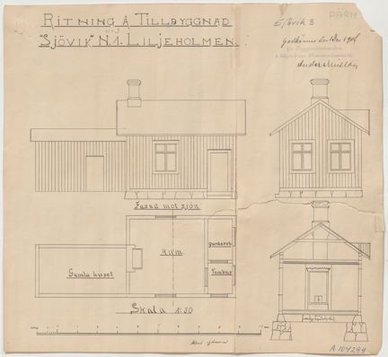 Ritning å tillbyggnad Sjövik N. 1. Liljeholmen signerad Alfred Johansson.