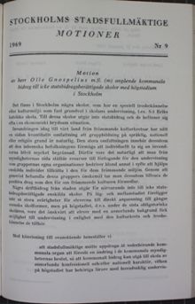 Motion angående kommunala bidrag till icke statsbidragsberättigade skolor med högstadium i Stockholm - Stadsfullmäktige 1969