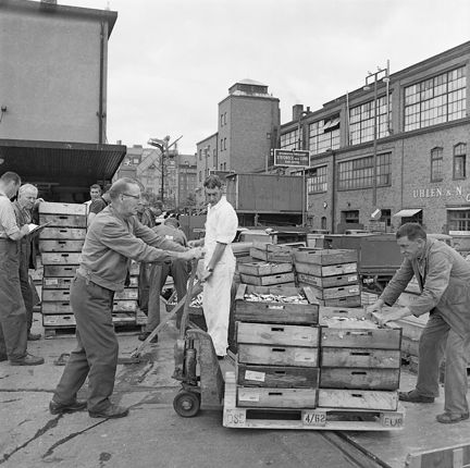 Utanför en stor tegelbyggnad lastas en mängd trälådor av från en lastbil. Ett tiotal män är i bild. En del arbetar med lasten, andra ser ut att vara potentiella köpare.