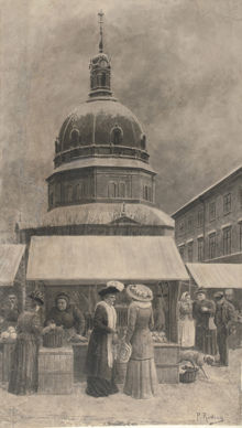 Östermalmstorg med torghandel. I bakgrunden Hedvig Eleonora kyrka.