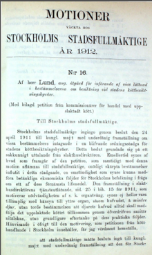 Motion angående lättnader vid stadens köttbesiktning – Stadsfullmäktige 1912
