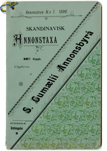 Skandinavisk annonstaxa från S. Gumaeli annonsbyrå 1896