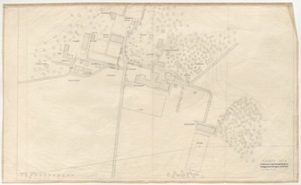 Situationsplan från mars 1951 över skolområdet i blyerst på transparent papper. Det står skrivet vilka byggnader som avbildas.