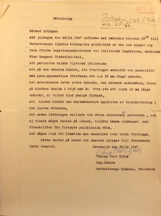 Rättsintyg rörande legationssekreterare Gian Gaspari Cittadini-Ceci