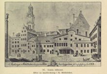 Stortorget i Stockholm med gamla Rådhusbyggnaden innan dess afrifning 1768