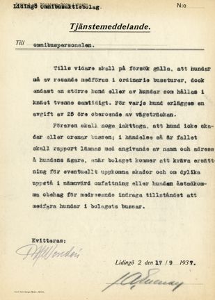 Tjänstemeddelande om ett prov med hundar ombord på Lidingös bussar 1937