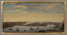 Utsikt över Stockholm från Kastellholmen. "Swiddetavlan" (efter Willem Swiddes kopparstick i Suecia antiqua)