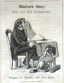 Stackars liten! (Som inte blef riksdagsman). Bildskämt med anledning av riksdagsvalet i Söndags-Nisse – Illustreradt Veckoblad för Skämt, Humor och Satir, nr 38, den 16 september 1866