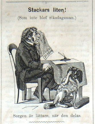 Stackars liten! (Som inte blef riksdagsman). Bildskämt med anledning av riksdagsvalet i Söndags-Nisse – Illustreradt Veckoblad för Skämt, Humor och Satir, nr 38, den 16 september 1866