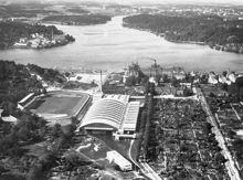 Flygfoto över Hornsbergsgaraget och området omkring garaget år 1932