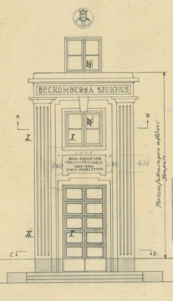 Ritning, utsnitt av administrationsbyggnaden, Beckomberga sjukhus
