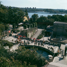 Skansen. Vy ned mot sjölejondammen, Galejan och elefanthuset. I fonden ett passagerarfartyg vid kaj i Masthamnen