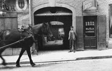 En häst passerar portgången till Drottninggatan 77. Till höger butiken Samuelssons bröd