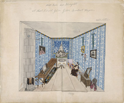 Kakelugn till vänster, breda golvplankor. Klarblå tapeter.