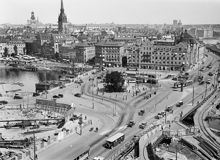 Slussen under ombyggnaden: Karl Johans Torg och Gamla Stan i bakgrunden